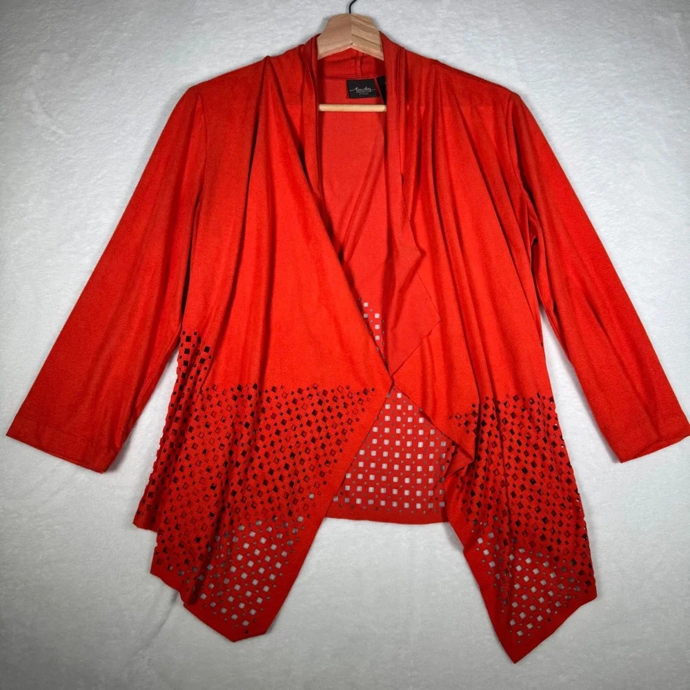 Chicos Travelers Collection Orange‎ Laser Cut Open Front Cardigan Slinky Size S